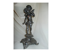 Barokk ezüstözött ón puttó, angyal szobor talpon fodros szélű antik üveg tányérral, kínáló!