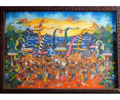 Ázsiai Indonéz festmény Ketut Soki Barong/ Melasti eredeti balinéz naiv festészet díszes fakeretben