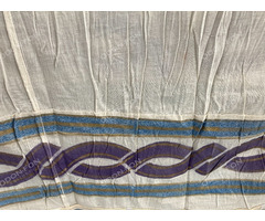 Tört fehér vászon függöny kék-lila mintás szegéllyel, ókori festett mintával