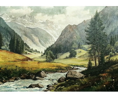 Alpesi táj rohanó patakkal, Vitange olaj-vászon festmény, ismeretlen művésztől.