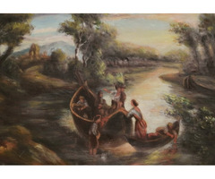 Csónakázók: antik olaj-vászon festmény a múlt század elejéről. Pankotai István