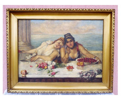 Mediterrán idill, görög tengerparti életkép, méretes keretezett festmény Nagy Lajostól