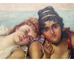 Mediterrán idill, görög tengerparti életkép, méretes keretezett festmény Nagy Lajostól