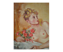 Fekvő akt rózsacsokorral, nagy méretű festmény 1961-ből, Tarapcsik szignóval.