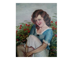 Mezei virágok között pihenő ifjú hölgy, antik olaj-vászon festmény, Illencz Lipót alkotása