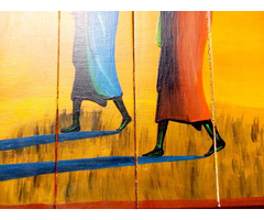 Afrikai batyus nők. Deszka lapokra festett kép. Kortárs művészi alkotás.