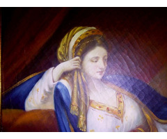 Kedvese miniatűr portréját nézegető hölgy. Barokk stílusú festmény külföldi szignóval
