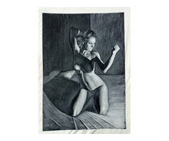 Az ágyán térdeplő Aktmodell. Modern festmény. Kagyerják Attila Tamás alkotása