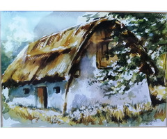 Alföldi tanya nádtetővel, keretezett akvarell festmény. Bíró Ernő kortárs festő alkotása