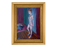 Tangáját próbáló Aktmodell, Modern impresszionista festmény. Kagyerják Attila Tamás alkotása
