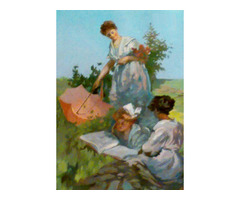 Felolvasás a réten, impresszionista festmény, Bokor Károly festőművész alkotása