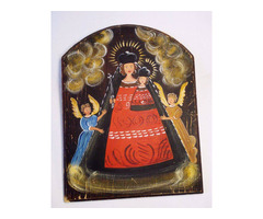 Szűzanya a kis Jézussal, és angyalokkal modern újra értelmezésben. Deszkára festett kép