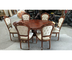 Neobarokk intarziás póklábú asztal 6 db krémszínű kárpitos székkel