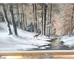 Arany blonderkeretes festmény (Téli erdő őzekkel)