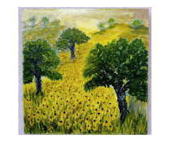 Kortárs műtárgy. Olajfestmény Gustav Seitz Napraforgók a tölgyek között