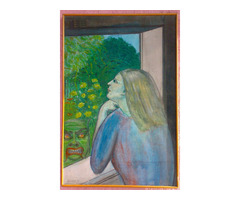 Modern Expresszionista festmény. Sara Godthart: Ablakon kitekintő nő