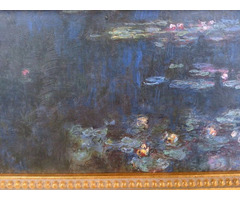 Hosszúkás falikép páros, a napnyugta fényeivel, masszív aranyozott fakeretben.