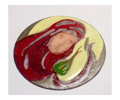 Kortárs műtárgy: Madonna, tűzzománc festmény kör alakú réz lemezen