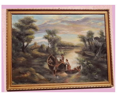 Csónakázók: antik olaj-vászon festmény a múlt század elejéről. Pankotai István