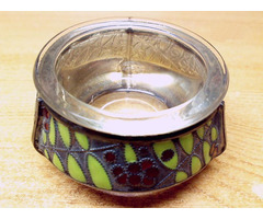 Antik rekeszzománcozott üveg betétes kaviáros edényke, szignálva, vendéglőbe, gyűjteménybe