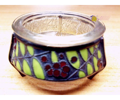 Antik rekeszzománcozott üveg betétes kaviáros edényke, szignálva, vendéglőbe, gyűjteménybe