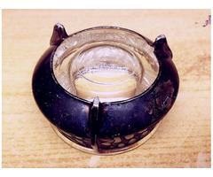 Antik rekeszzománcozott üveg betétes kaviáros edényke, szignálva, vendéglőbe, gyűjteménybe