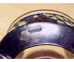 Antik rekeszzománcozott üveg betétes kaviáros edényke, szignálva, vendéglőbe, gyűjteménybe