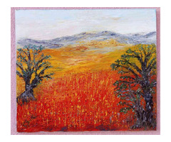 Kortárs műtárgy olajfestmény. Pipacsos mező akáciákkal. Gustav Seitz alkotása