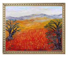 Kortárs műtárgy olajfestmény. Pipacsos mező akáciákkal. Gustav Seitz alkotása