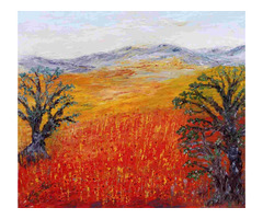 Kortárs műtárgy olajfestmény. Pipacsos mező akáciákkal. Gustav Seitz alkotása