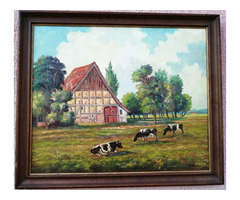 Alpesi legelő tájkép marhákkal, és istállóval keretezett olaj-vászon festmény szignóval