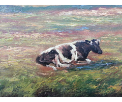 Alpesi legelő tájkép marhákkal, és istállóval keretezett olaj-vászon festmény szignóval