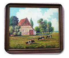 Alpesi legelő tájkép marhákkal, és istállóval keretezett olaj-vászon festmény szignóval