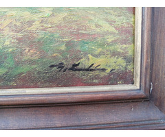 Alpesi legelő tájkép marhákkal, és istállóval keretezett olaj-vászon festmény szignóval