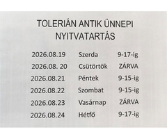 TOLERIÁN ANTIK KFT ÜNNEPI NYITVATARTÁSA