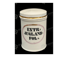 Porcelán patikatégely „EXTR JUGLAND FOL” felirattal